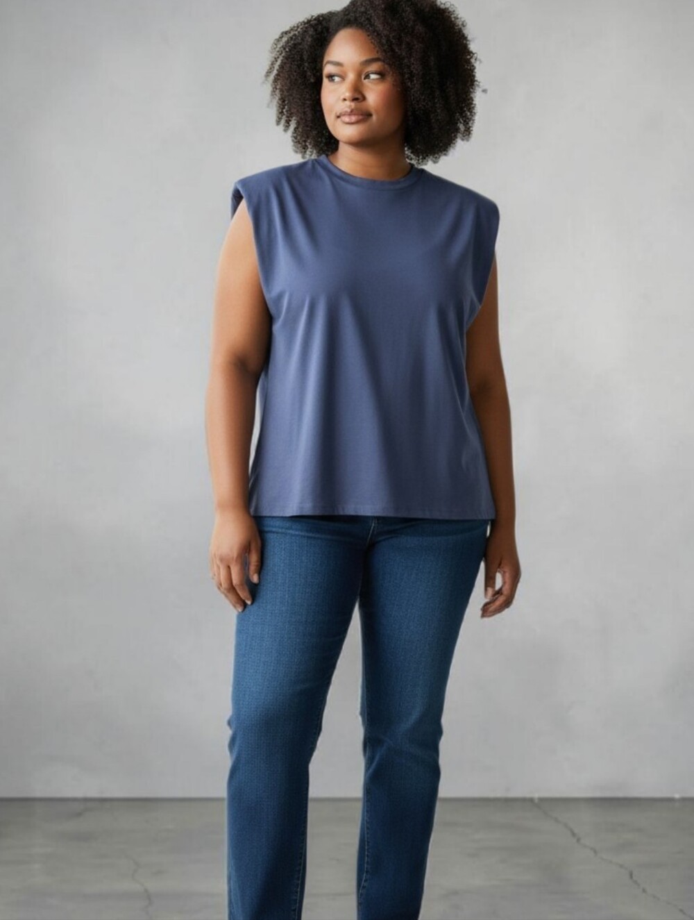 TheMogan Padded Shoulder Muscle Tee L Denim Shoulder Top NWT